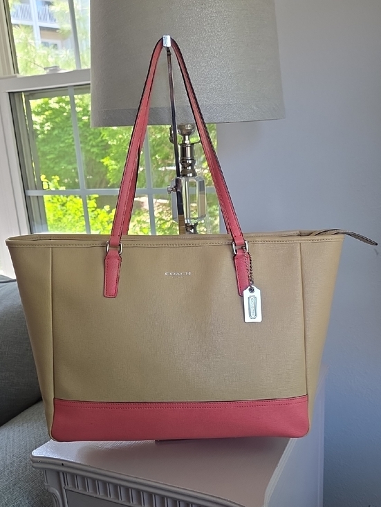 Coach Handbags - COACH Tan & Coral Pink Saffiano Leather Tote